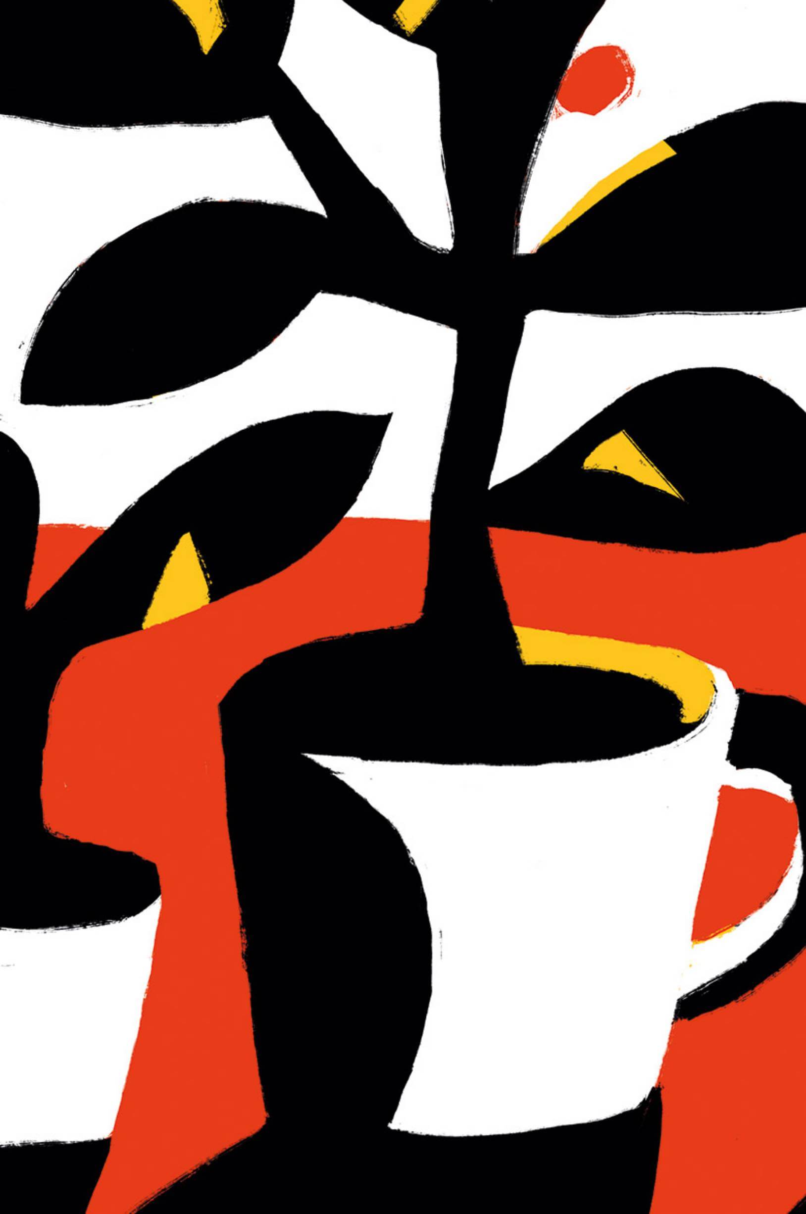 Painting of a coffee cup on a red and white background with coffee plant growing out it
