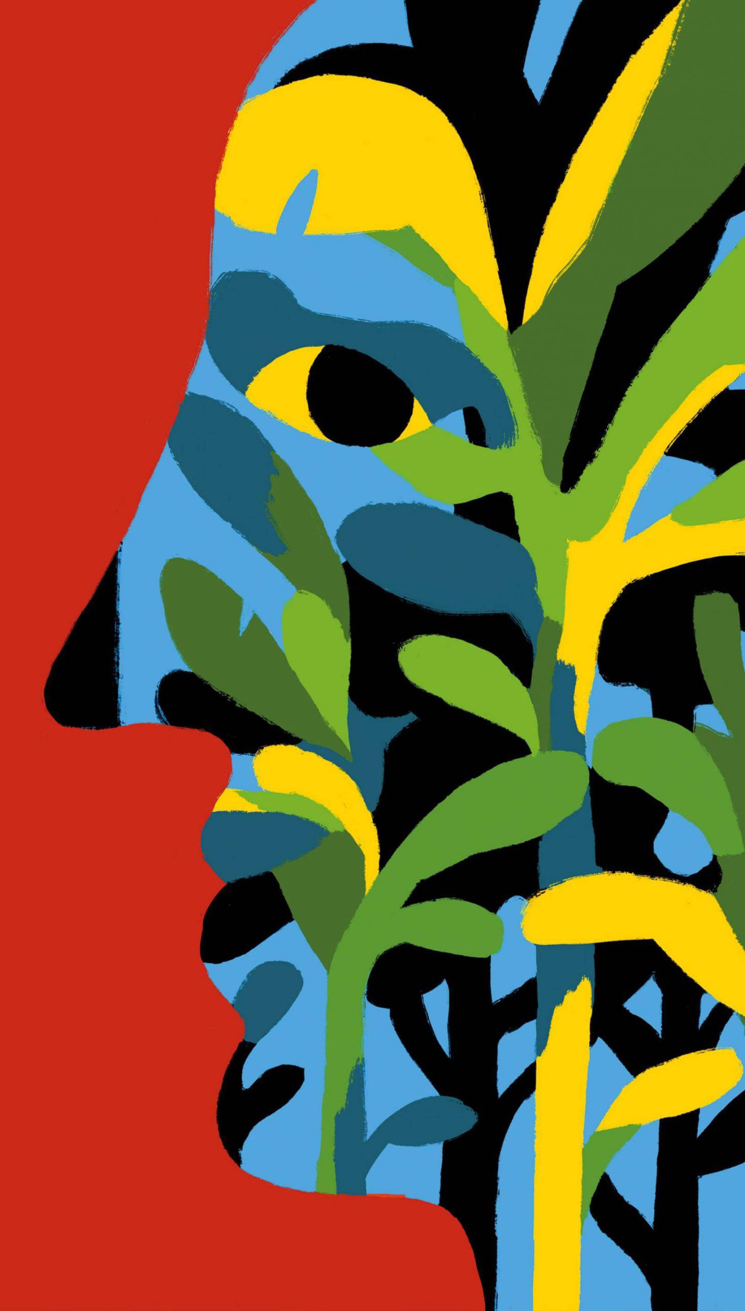 Profile painting of plants growing on a blue face on a red background.