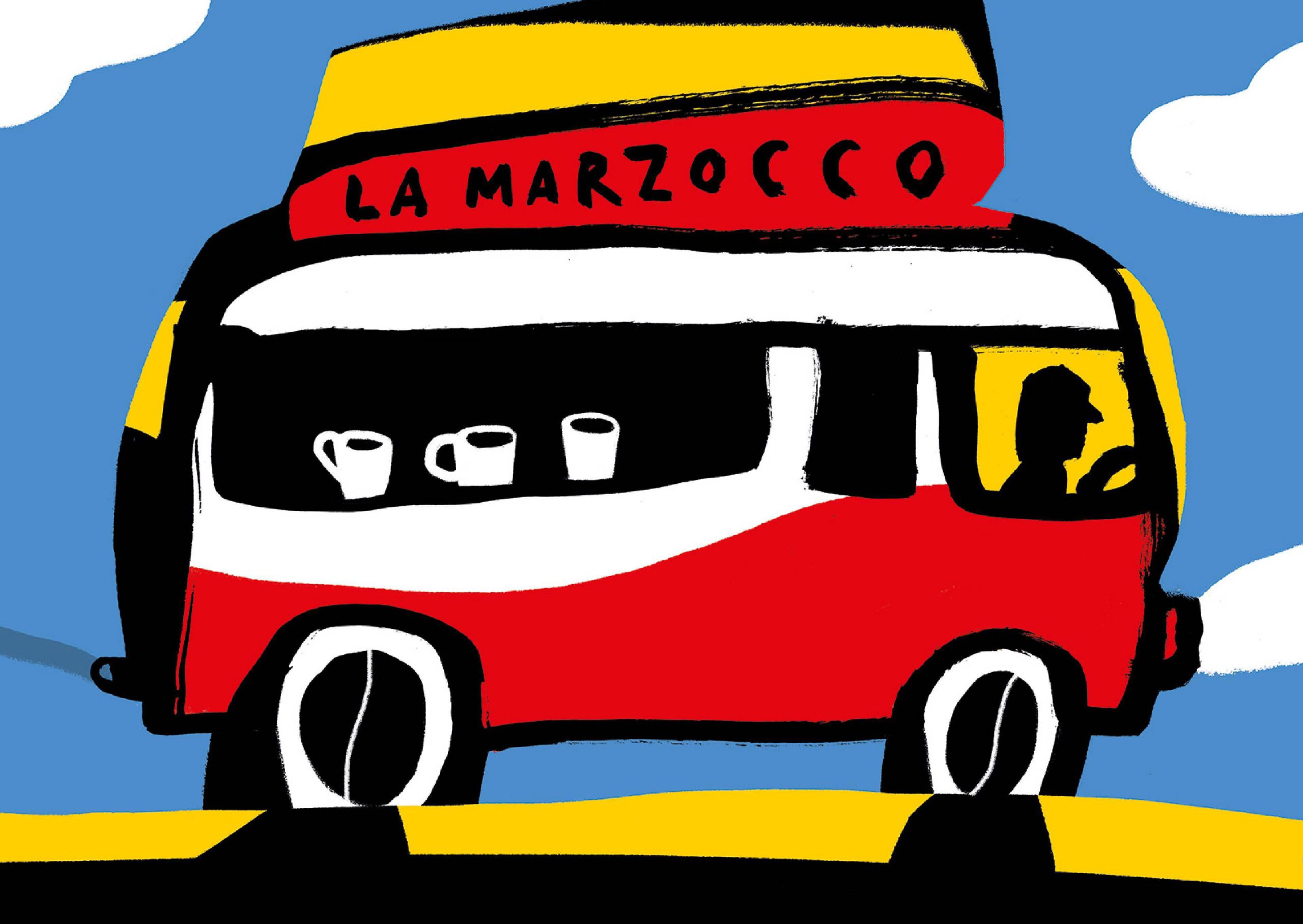 Impressionist painting of the red and white la marzocco coffee van