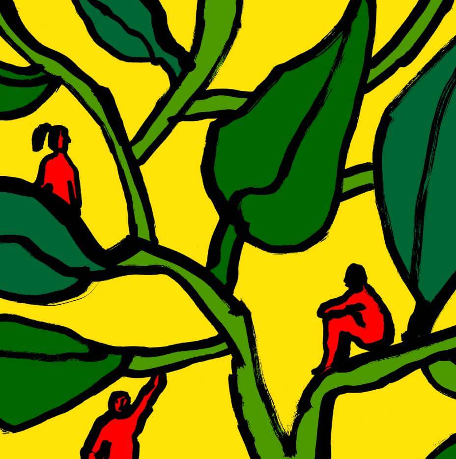 Painting of the red colored people sitting and hanging from the green leaves of a plant