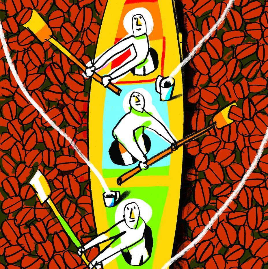 Painting of three people in a kayak paddling through coffee beans