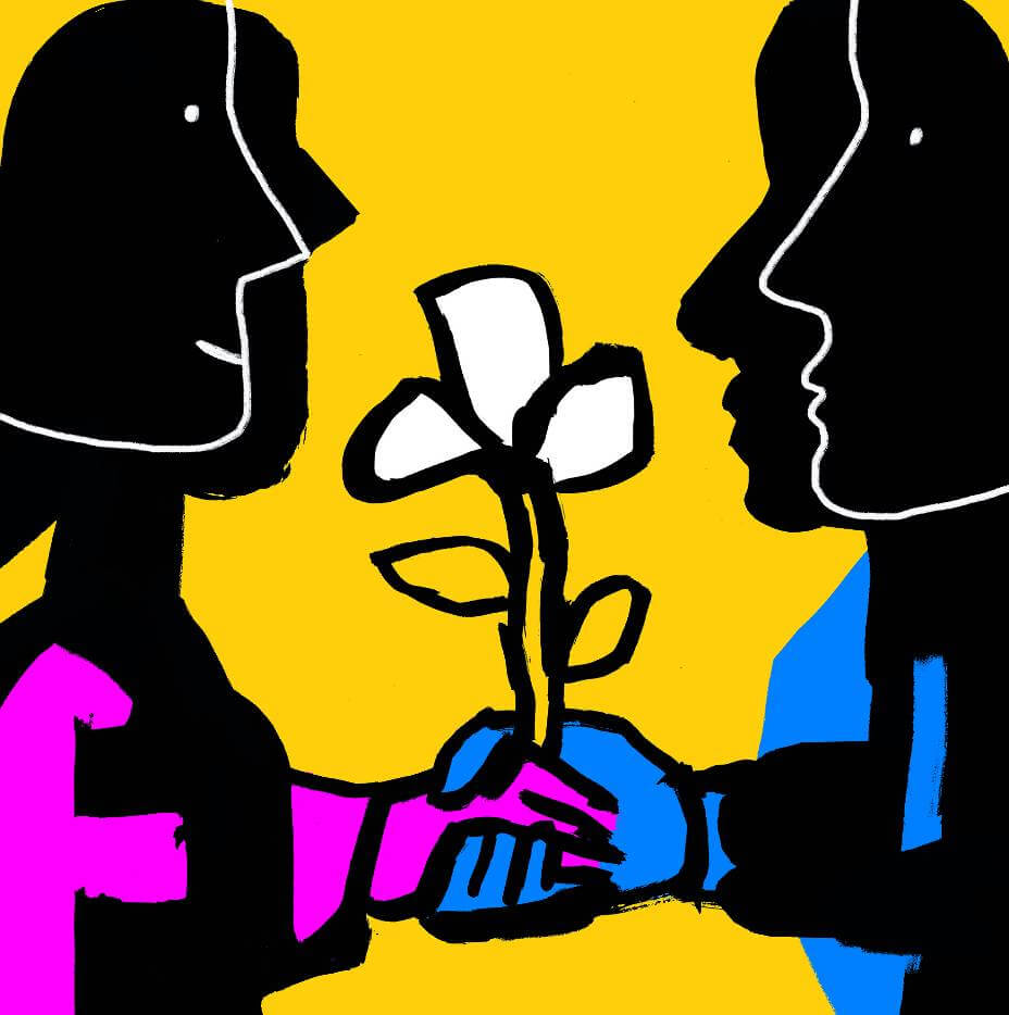 Painting of two people shaking hands and a flower growing from their handshake