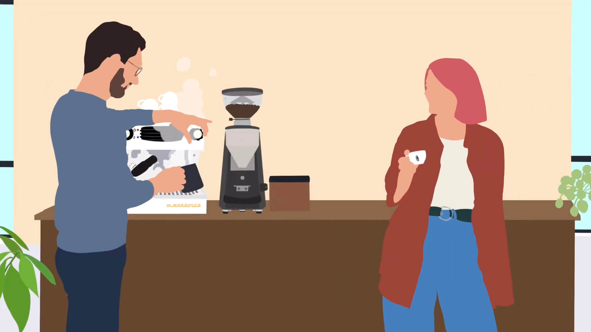 Painting of a man steaming milk on a one group espresso machine. Next to him an espresso grinder and a knock box, as well as a woman drinking espresso.