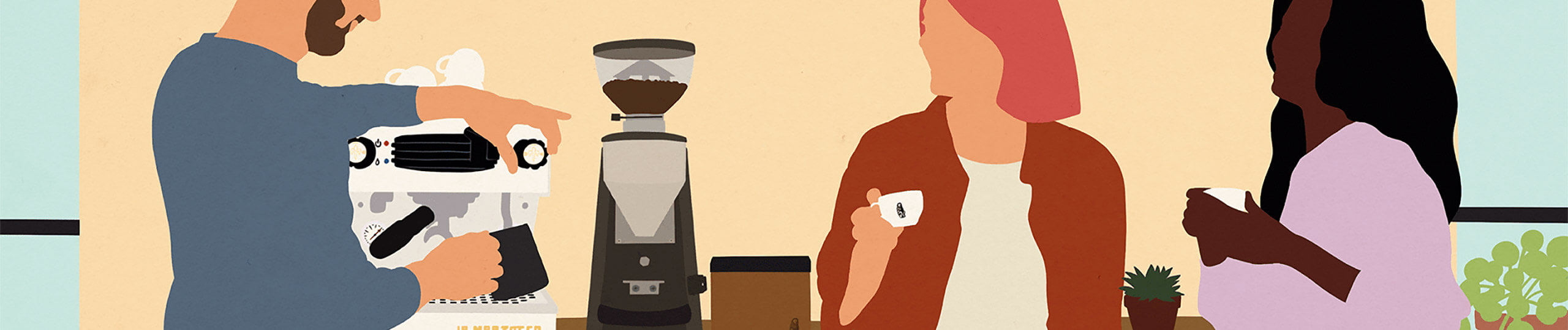 Painting of a man steaming milk on a one group espresso machine. Next to him an espresso grinder and a knock box, and two women talking and drinking espresso. ?>